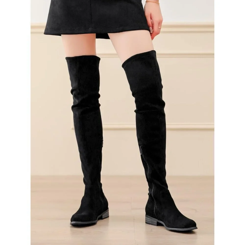 🆕Women's Black Over The Knee Boots Thigh High Low Block Heel Pointed Toe Boots